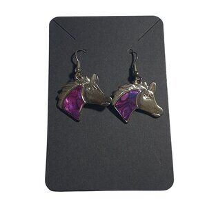 Horse Head Drop Earrings Silver Purple Marbled Metal Lightweight Novelty Jewelry
